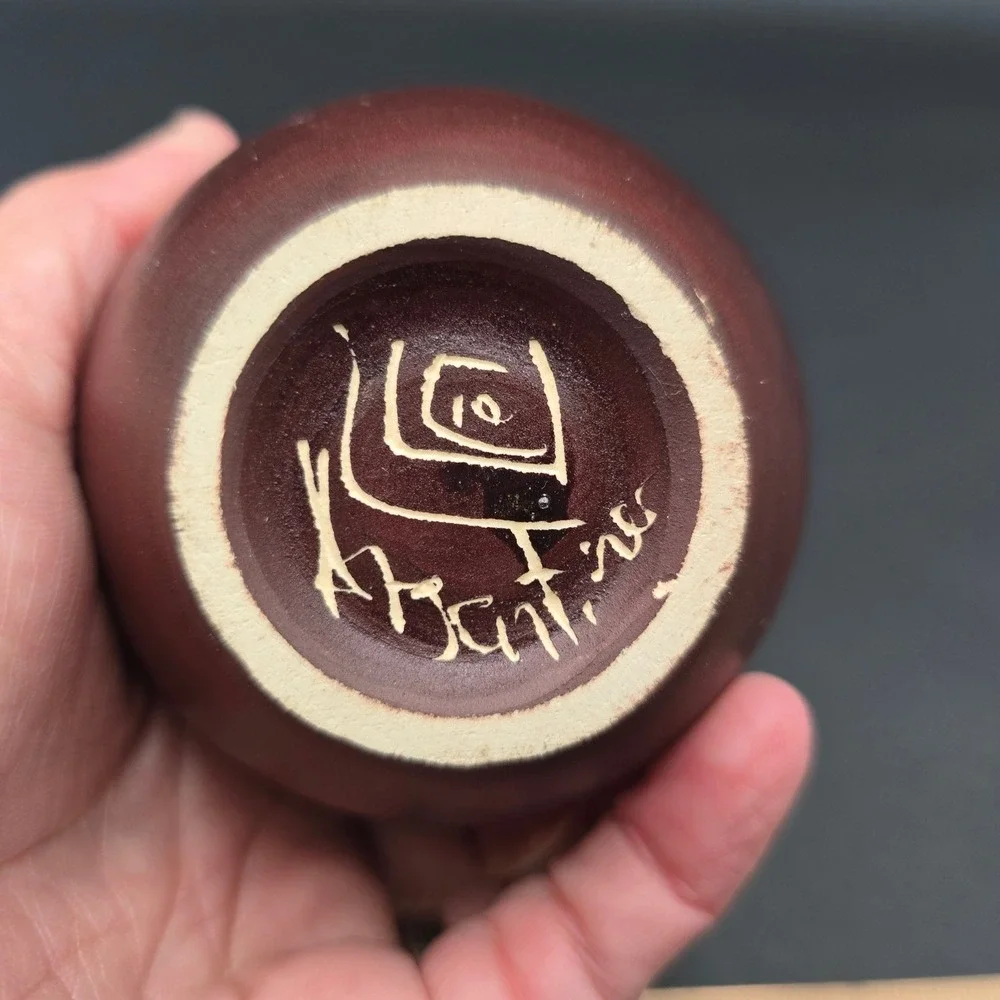 Vintage Studio Pottery Sgraffito Geometric Mini Bud Vase Brown 3.75in